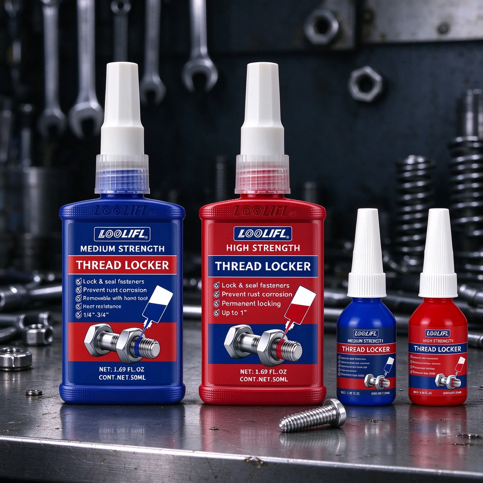 LOOLIFL Thread Locker, Medium & High Strength Threadlocker, Blue Removable & Red Permanent Screw Lock Adhesive for Metal Bolts