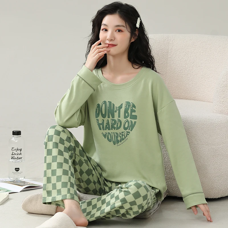 Green Plaid Pajamas Cute Casual Sleepwear Long Sleeves Long Pants Autumn Winter Kawaii Pyjamas Cozy Pijamas Soft Nighty Lady Pjs