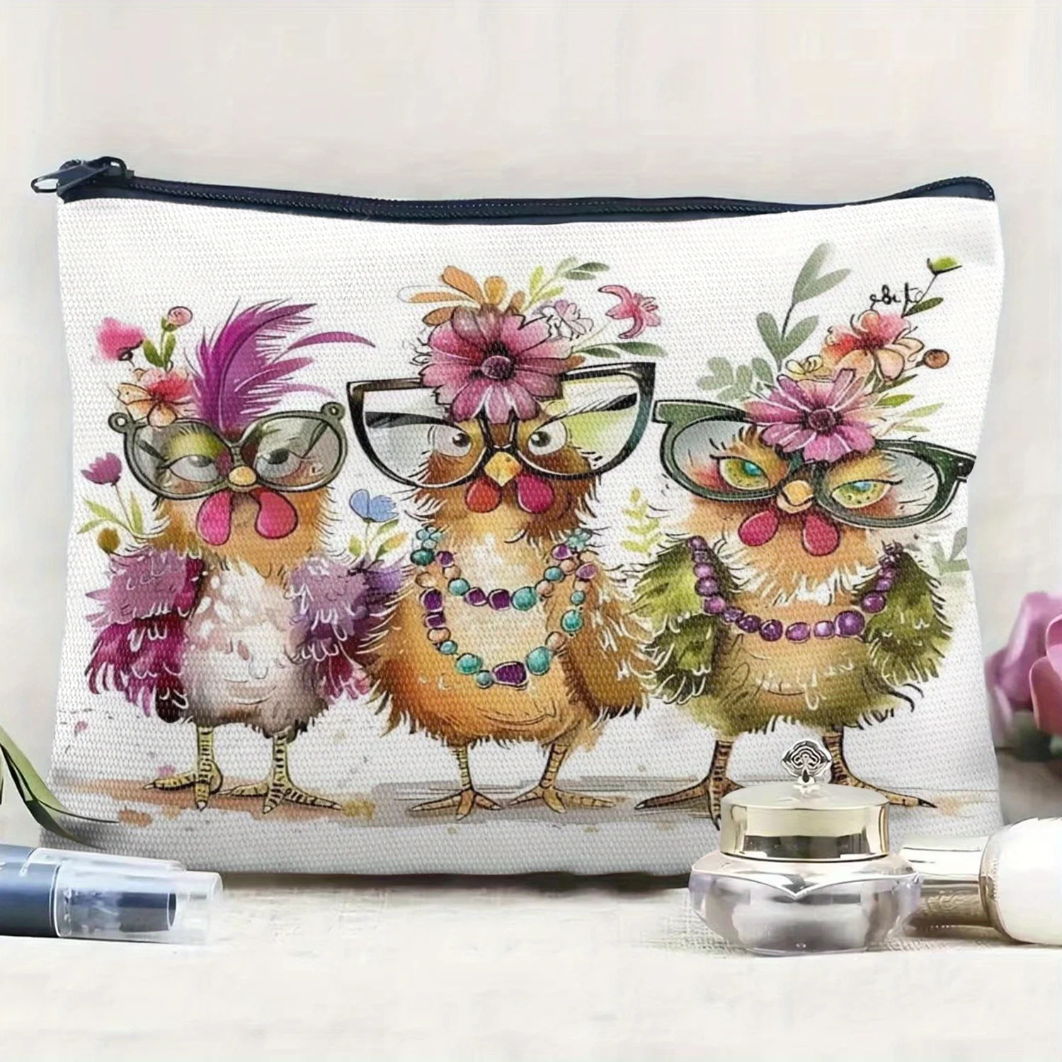 Colorful Three Little Chicks Linen Makeup Bag, Safe Zipper, Odorless, Multifunctional Travel Portable Makeup Bag, Toiletry Bag