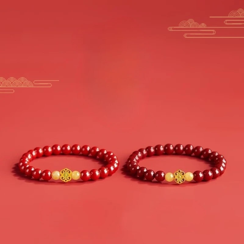 Purple Gold Cinnabar Beaded Bracelet For Women Genuine Amber Bead Sterling Silver Ruyi Charm Chinese Style Lucky Blessing Wealth
