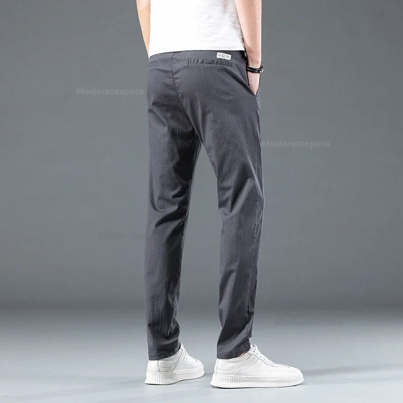 2024 Summer Thin Cotton Men\'s Casual Slim Pants Soft Comfortable Elastic Wrinkle Resistant Drawstring Classic Casual Pants Male