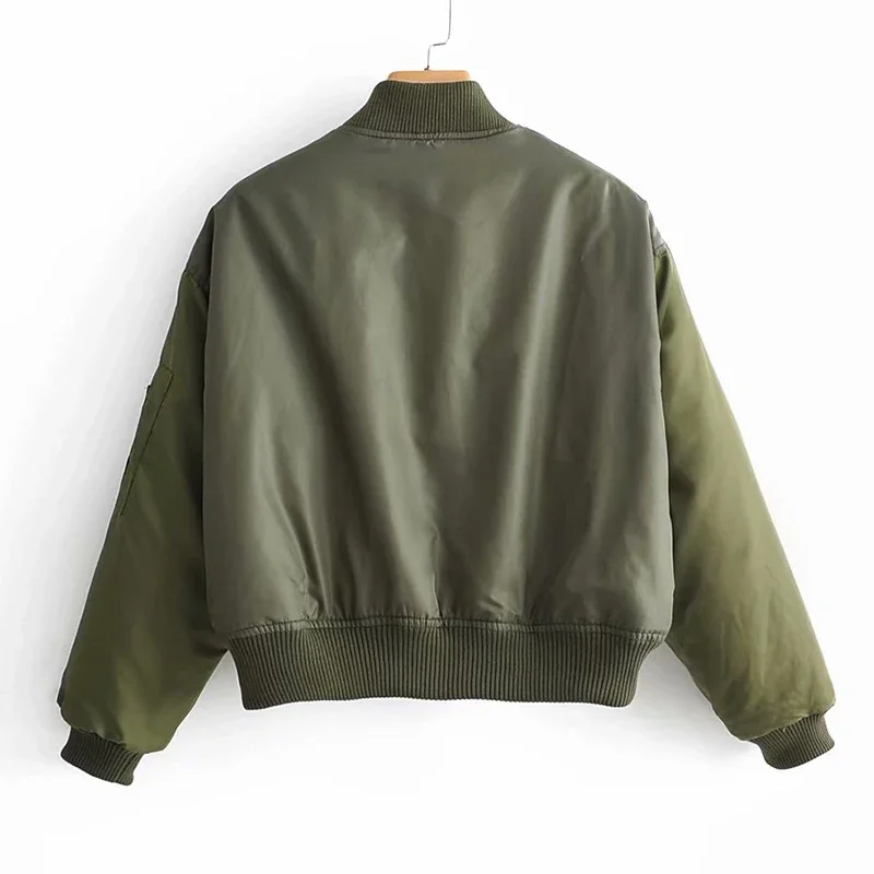 Autumn Winter Cropped Bomber Jacket Women Long Sleeve Zipper Patchwork Outerwear Casual Loose Army Green Aviator Quilted Coats