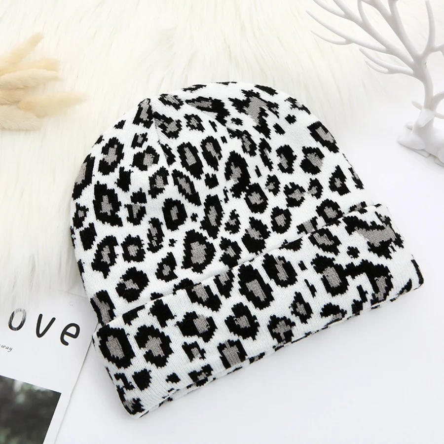 Leopard Jacquard Unisex Beanies Y2K Trendy Autumn Winter Thicken Warm Hat Hip Hop Vintage Skullies Knit Hats for Women Men