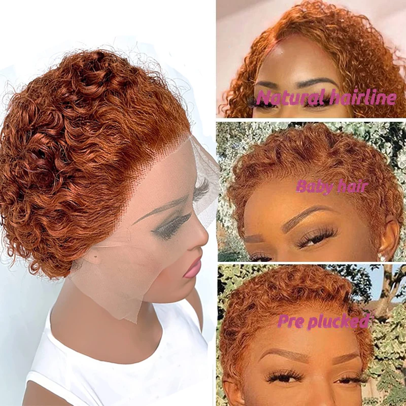 Peluca de corte Pixie Bob corto para mujer, peluca naranja con malla frontal 13x1, pelo Remy transparente, barata