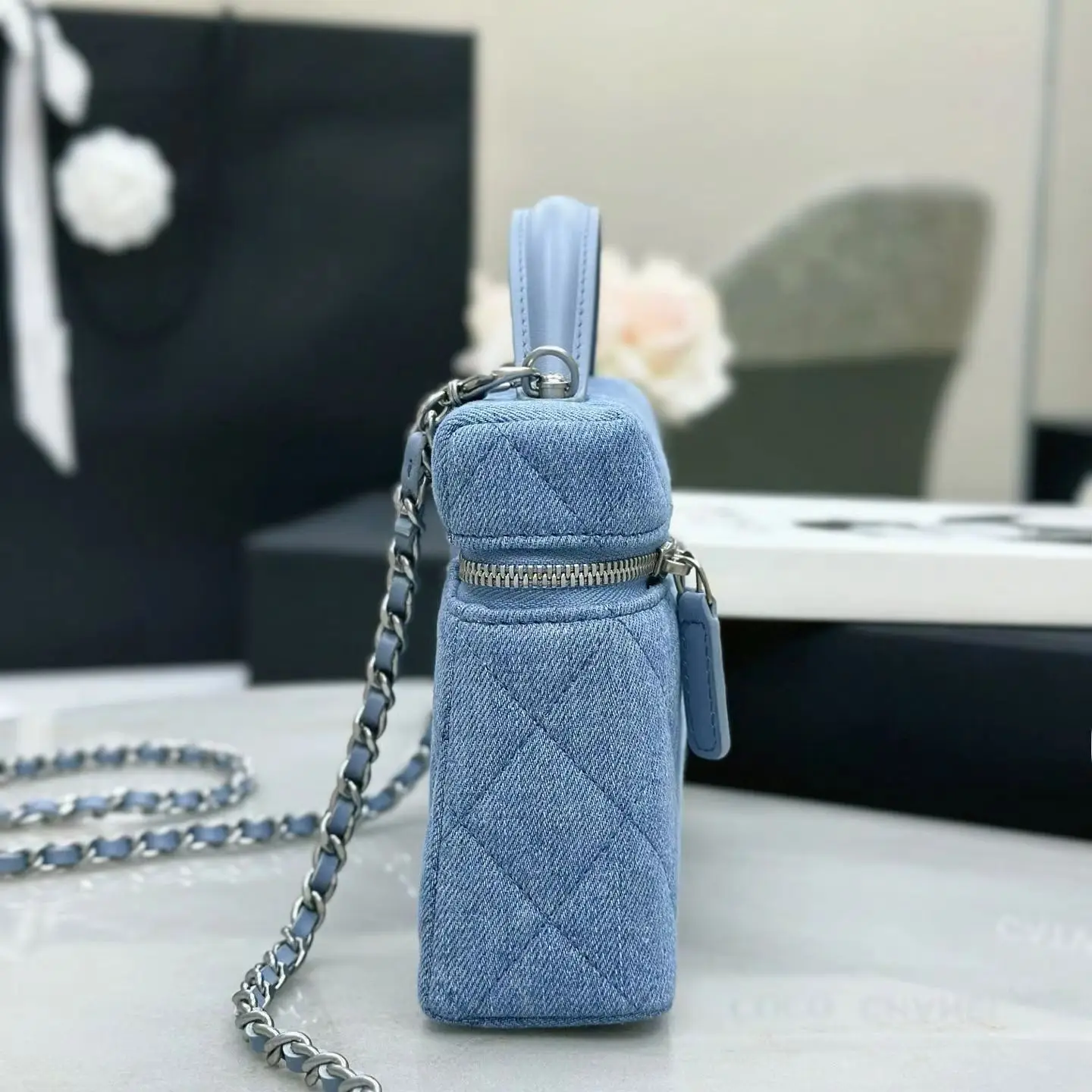 Light Blue Denim Quilted Box Bag, Luxury Multi-Way Mini Handbag