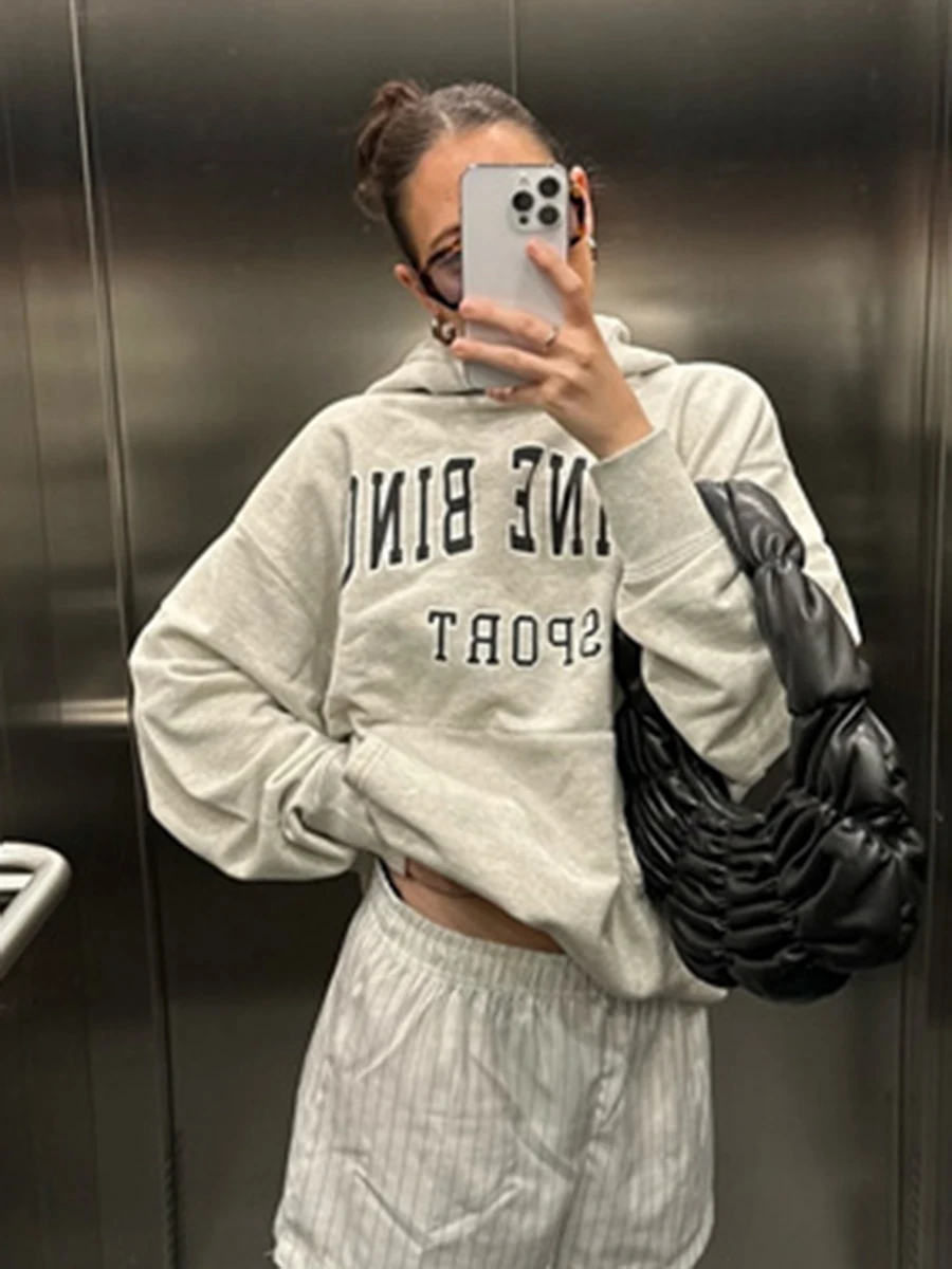 

New Gray Letter Printed Hooded Sweatshirt Women Autumn Long Sleeve Loose Casual Sport Pullover Streetwear Fashion Hoodies 2024