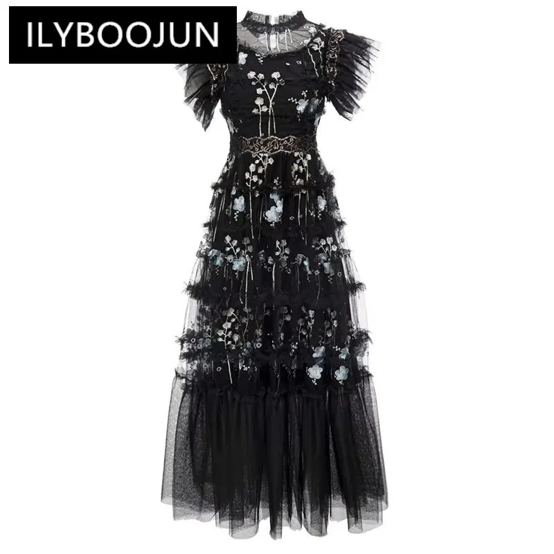 

ILYBOOJUN Summer Fashion Runway Black Vintage Party Dress Women O-Neck Sleeveless Embroidery Perspective Mesh Ruffles Long Dress