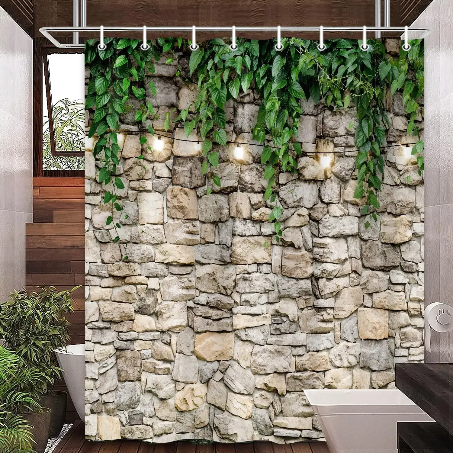 Rustic Outdoor Wall Shower Curtain Brown Camo Vintage Veneer Door Green Leaf Farm Brick Wall Polyester Bathroom Decor Curtains
