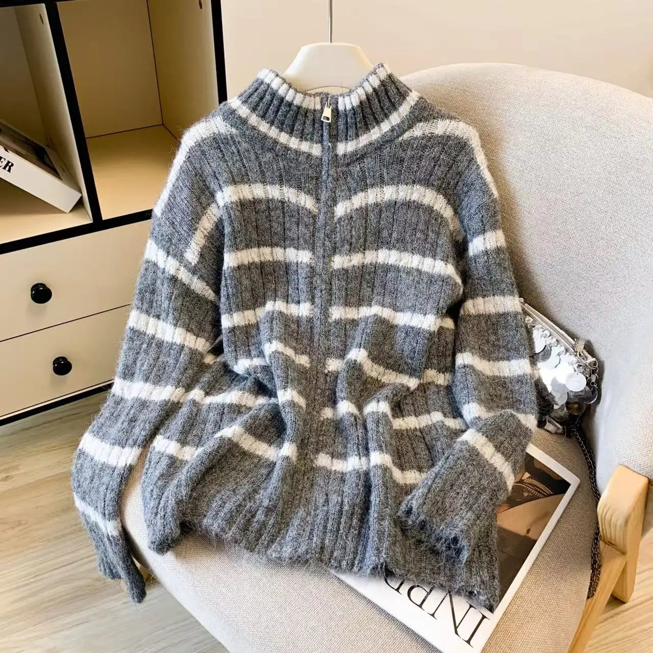 الرجعية كسول Sle فضفاض مخطط سترة مشغولة من الصوف معطف الصوف الناعم العصرية ربيع الخريف الشتاء المرأة مستقيم أنبوب سترة