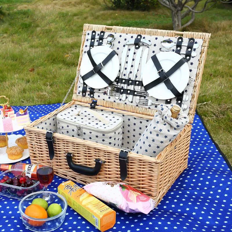 Home Outdoor Outing Vine Weaving Tableware Fruit Blue Insulated Bag with Cover Gift Basket Couple Camping Picnic Basket