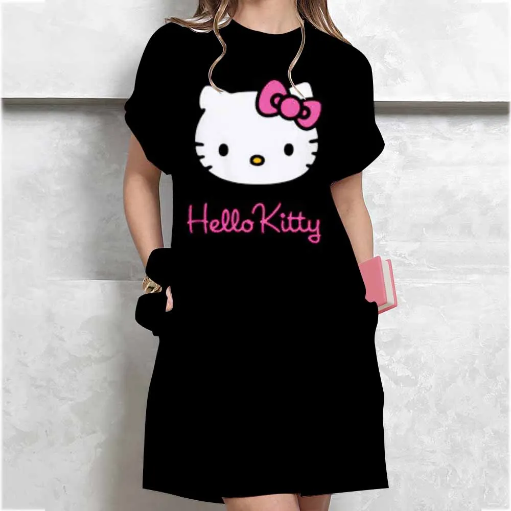 Abito lungo maglietta da donna, moda estiva, ragazza, Hello Kitty, stampa oversize, casual, girocollo, maniche corte, mini abito T-shirt ﻿