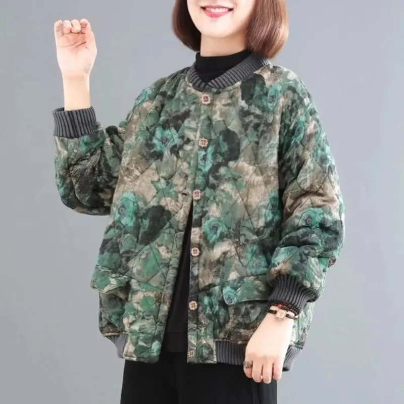 Retro Style Printed Cotton Padded Thick Cotton Jacket Fashion Autumn Winter Coat Middle Aged Elderly Women Keep Warm Outerwear