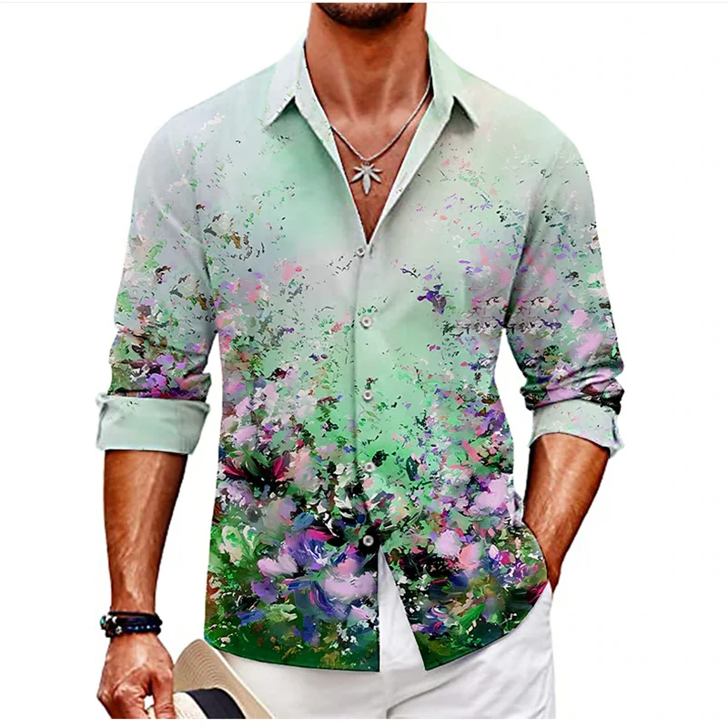 2023 New Fashion Luxury Social Men's Shirt Lapel Button Shirt Casual Feather Printing Long Sleeve Shirt Cardigan for Men's Ball