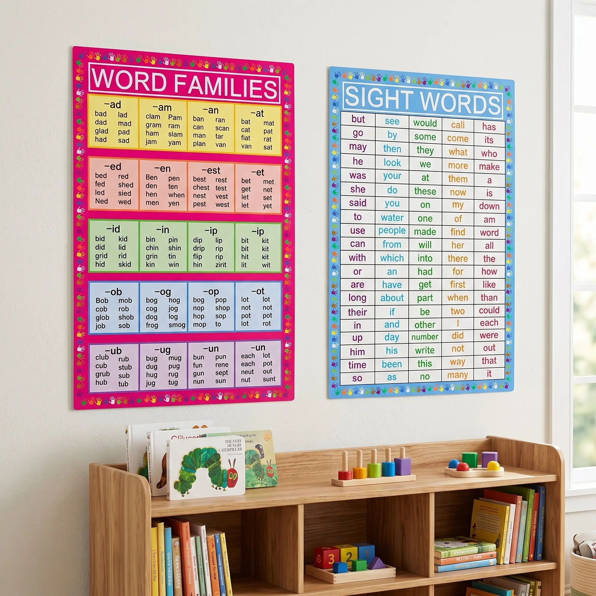 2Sheets English Words Learning Posters Preschool Visual Education Posters Anti-Wear Bright Color Classroom Wall Decor Reading