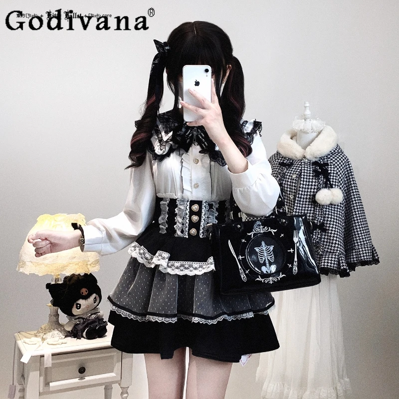 

Оригинальная японская рубашка с длинными рукавами в стиле Лолиты, блузка, весна-осень, новые кружевные шифоновые топы с отложным воротником и рюшами для девочек