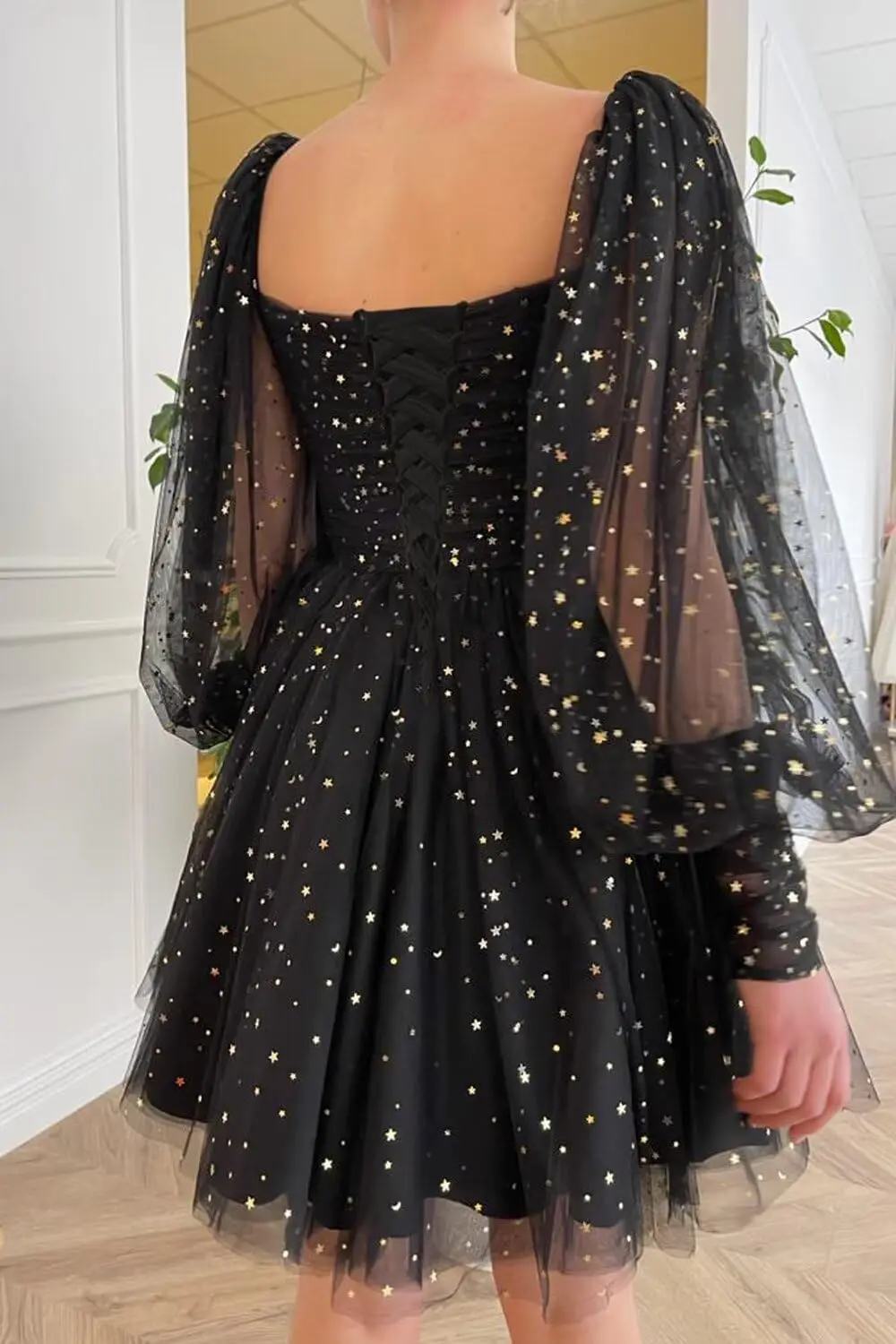 Vestido de baile de tule estrelado brilhante para adolescentes vestido de baile de manga bufante vestidos de noite formais com bolsos