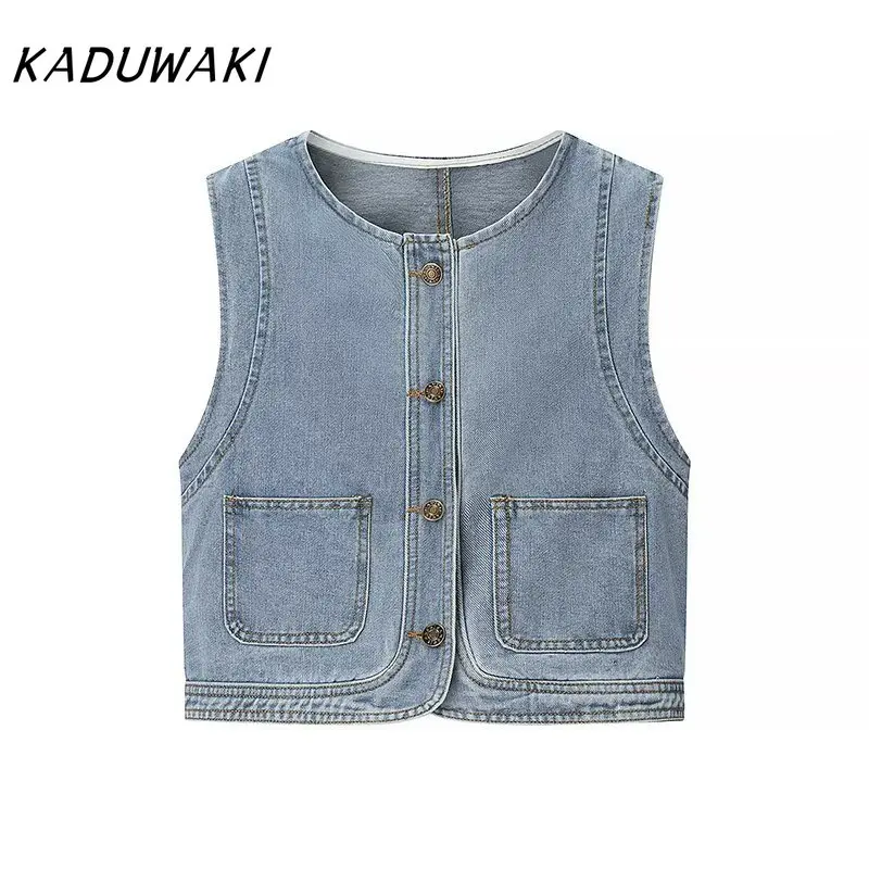 

KADUWAKI Модный джинсовый жилет Женское пальто без рукавов Повседневный дизайн с v-образным вырезом Весна Осень Американские ретро-жилеты Жилеты Женские Модные