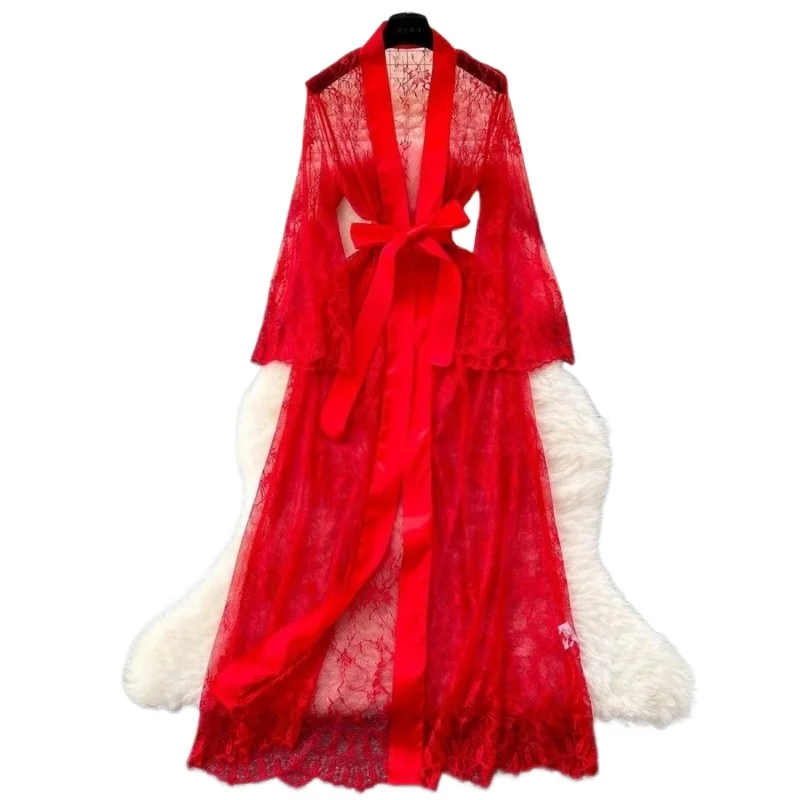 

Sexy Lace Pajamas Women's Lingerie Netted Robe European and American Slim-style Sexy Pajama Long-sleeved Sheer Set Dress