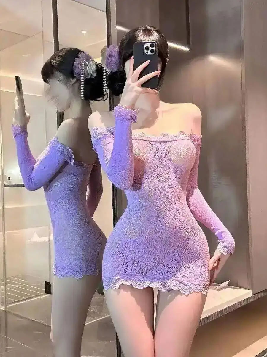 Lila Sexy One-Shoulder-Spitze Nachtclub Pure Desire Hot Girl Tube Top Mesh Kleid Elegante Nachtwäsche Mesh Spitze Sheer Sexy XHI5