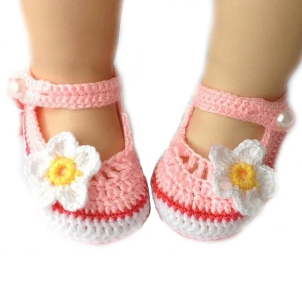 

Cartoon Flower Style Baby Newborn Toddler Infant Girls Hand-knitted Wool Crochet Shoes Crib Shoes (White+ )