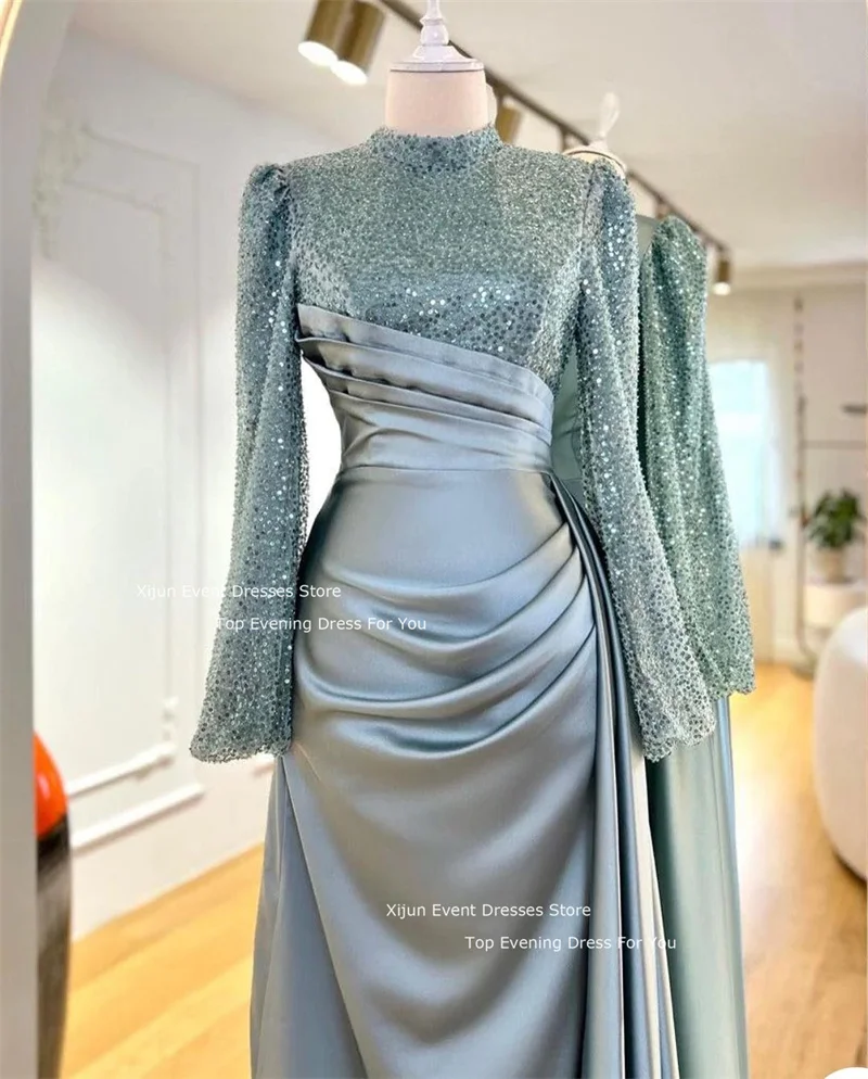 Xijun Glitter Modest Long Evening Dresses Long Sleeves High Collar Prom Dresses Muslim Prom Gowns Saudi Arabric Party Gown Women