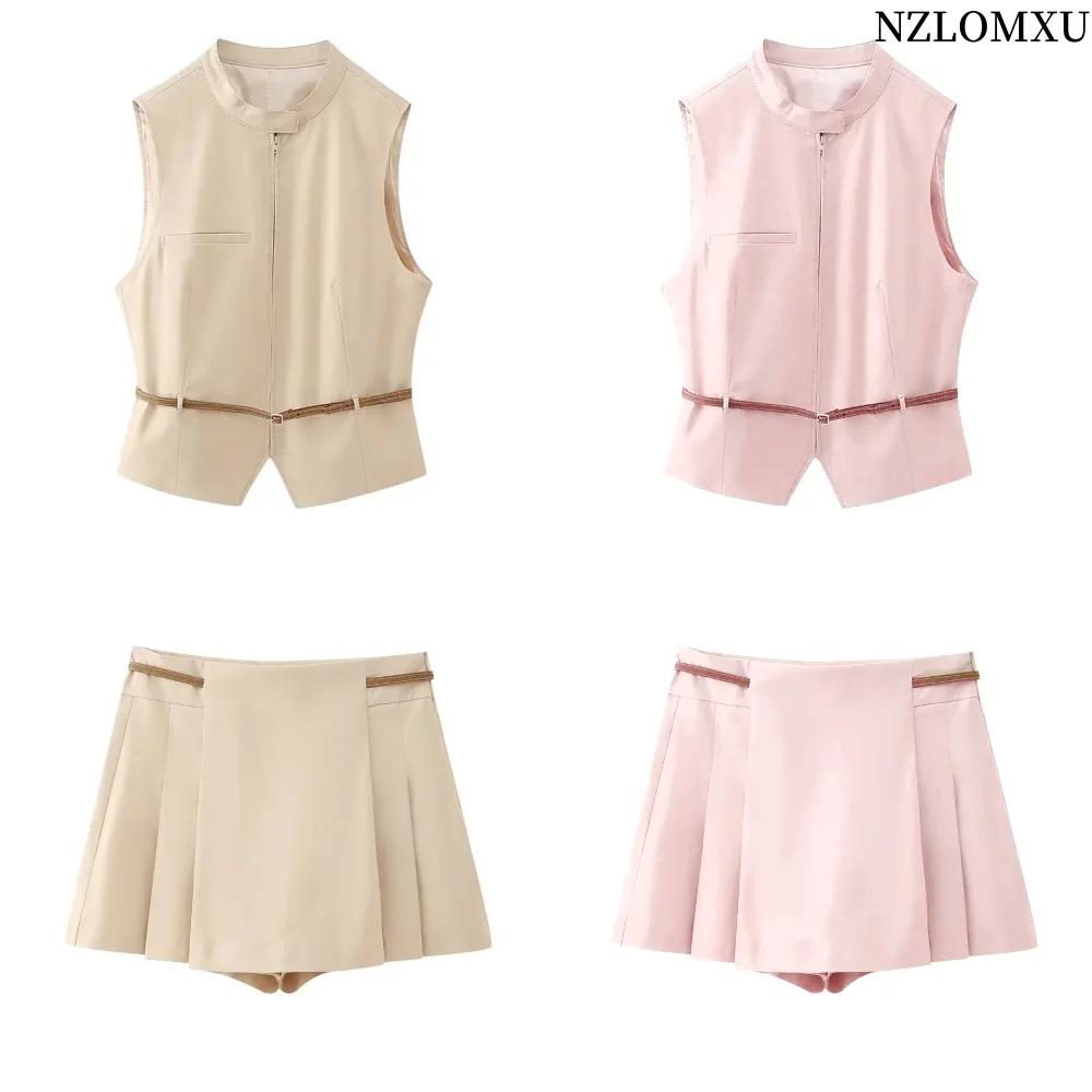 2024 Women Fashion Pleated Mini Skirts Sets For Women  Belt Short Top Women Suits New 2 Piece Set Women Outfit