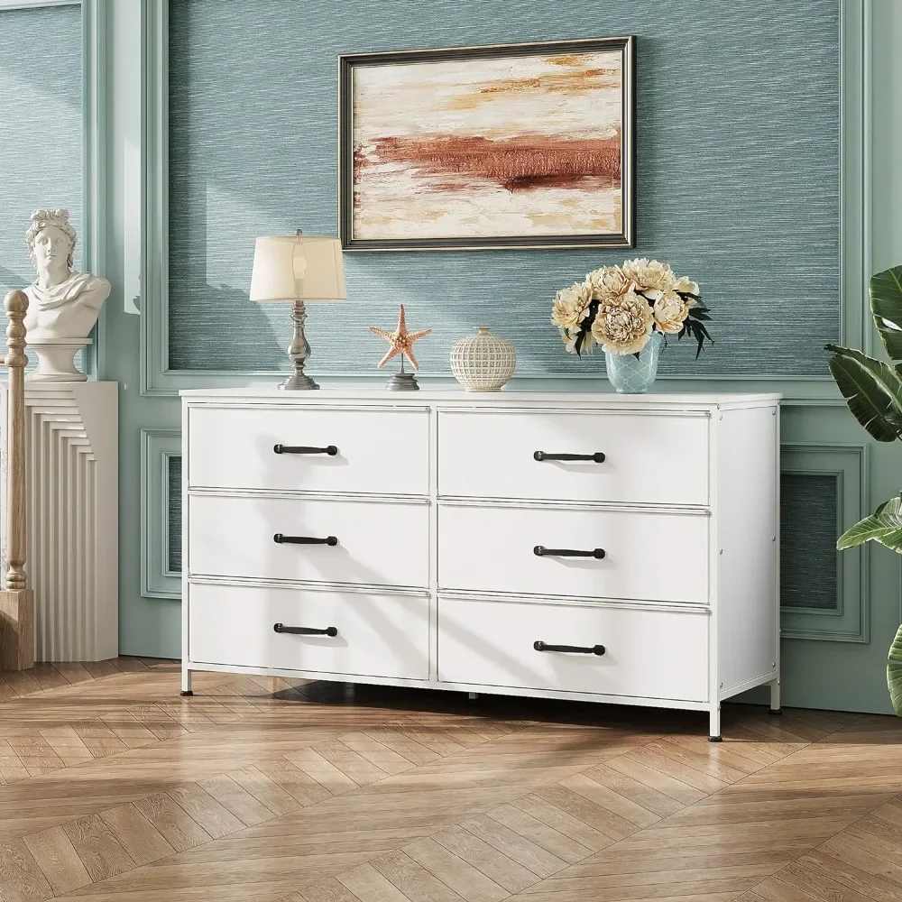 Wide Fabric Dresser, 6 Drawer Dresser TV , Dressers Bedroom Furniture Large Storage Tower Unit with Fabric Bins, White Dresser