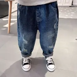 Kids Boys Jeans Spring and Autumn New 2023 Fashionable Broken Copper Children's Baby Elastic Soft Pants Boys Trousers