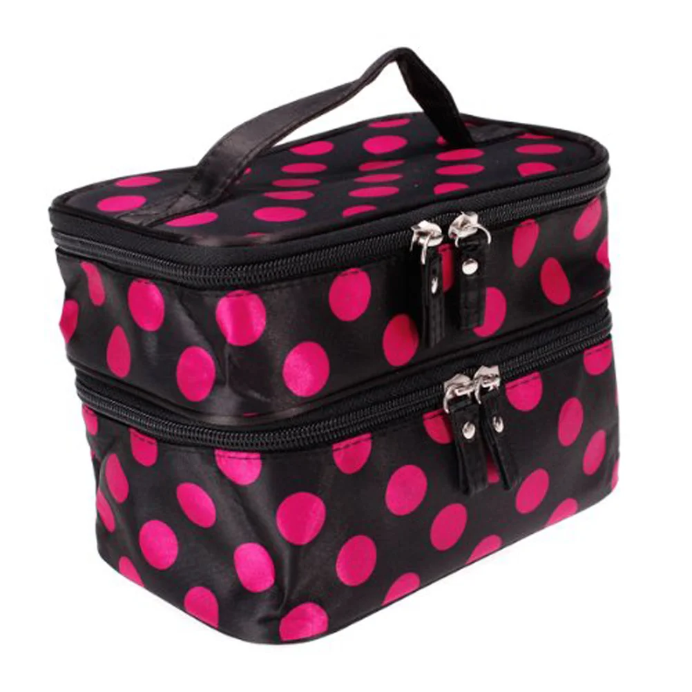 

Black+Rosy Polka Dots Makeup Bag Double Layer Organizer Travel Toiletry Case Dual Zipper Closure For Women 128
