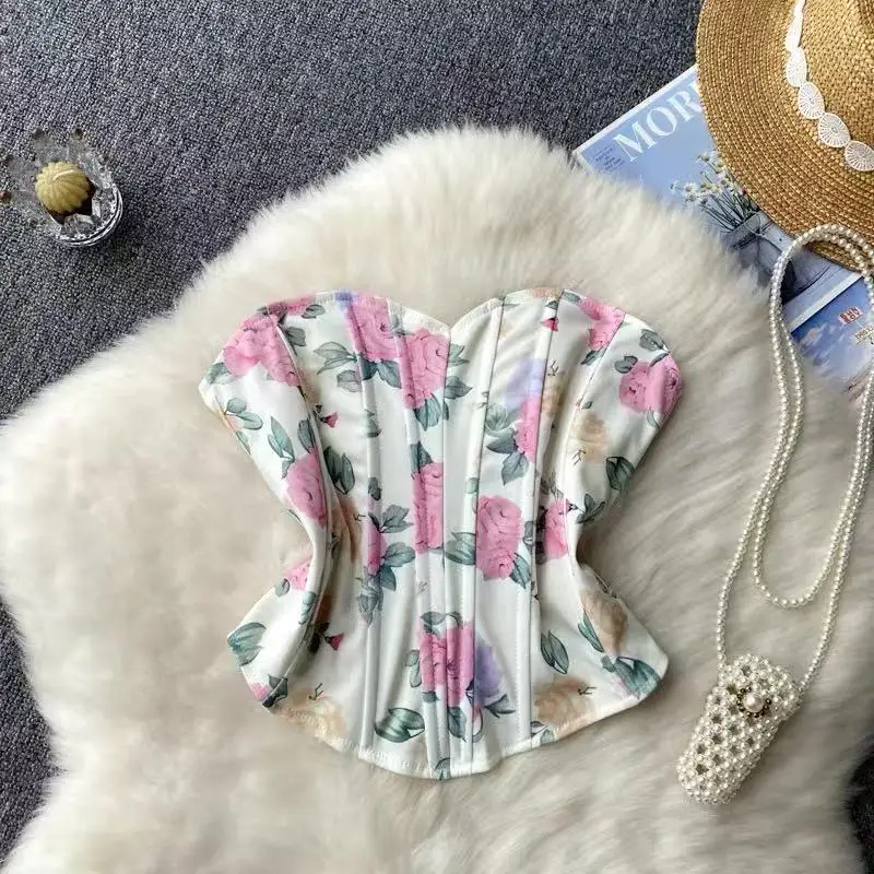 

French retro flower high-end tube top, hot girl sweet print fashion corset, wedding evening party dress
