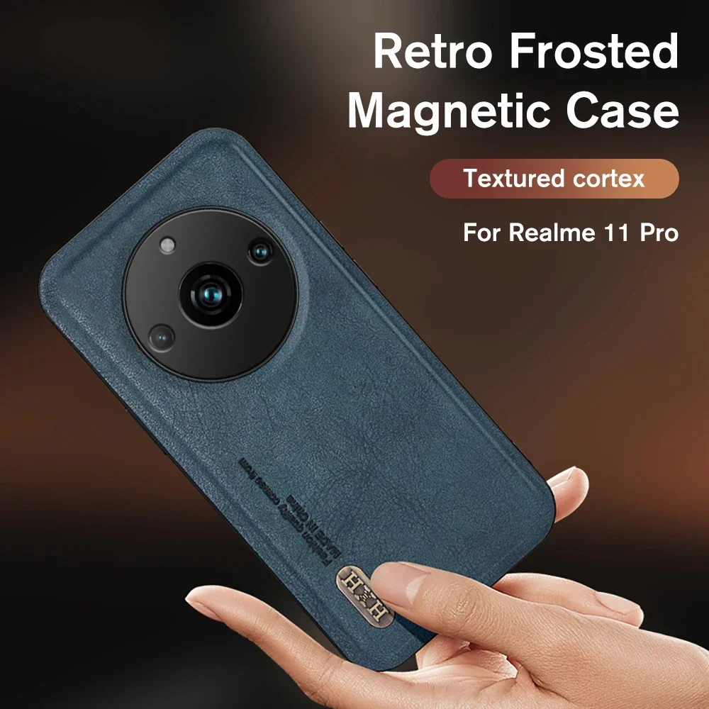 

For Realme 11 Pro+ Case Retro Frosted Leather Car Magnetic Cover Realme11 Pro Plus Realmi 11Pro 5G Global Camera Protect Fundas