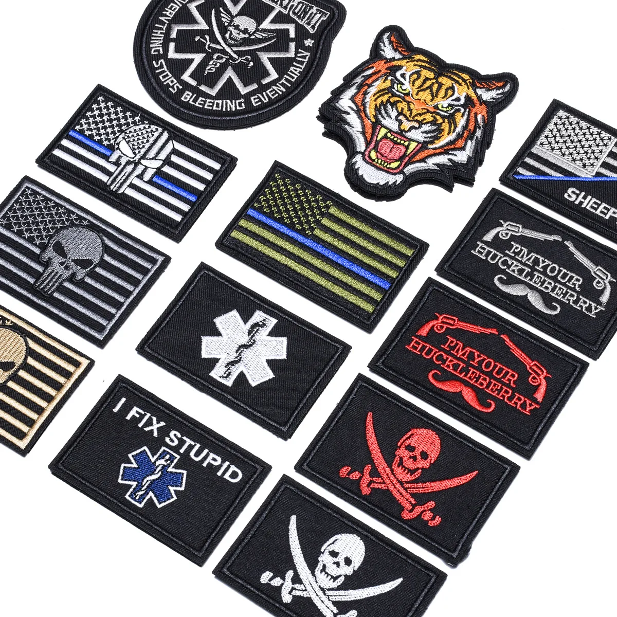 13Pcs Tactical Morale Patches Skulls Punk Patch for Clothes Embroidered patch for on Backpack Hat Applique Hook Loop Stickers