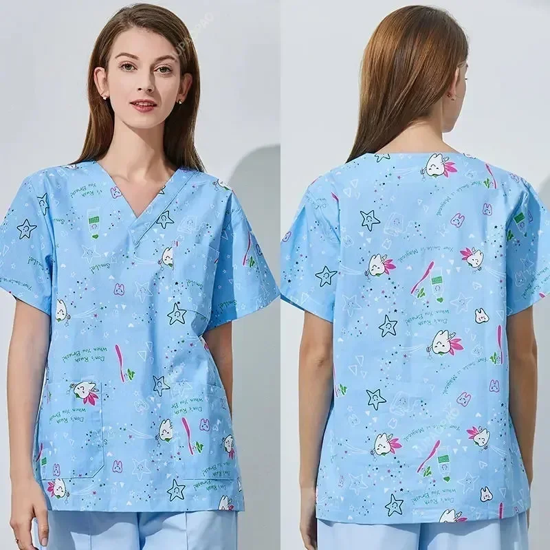 Printed Nurse Scrub Tops Veterinary Medical Scrubs Uniform for Women Dentisit V-Neck EDS Vet Workwear Nursing Coat