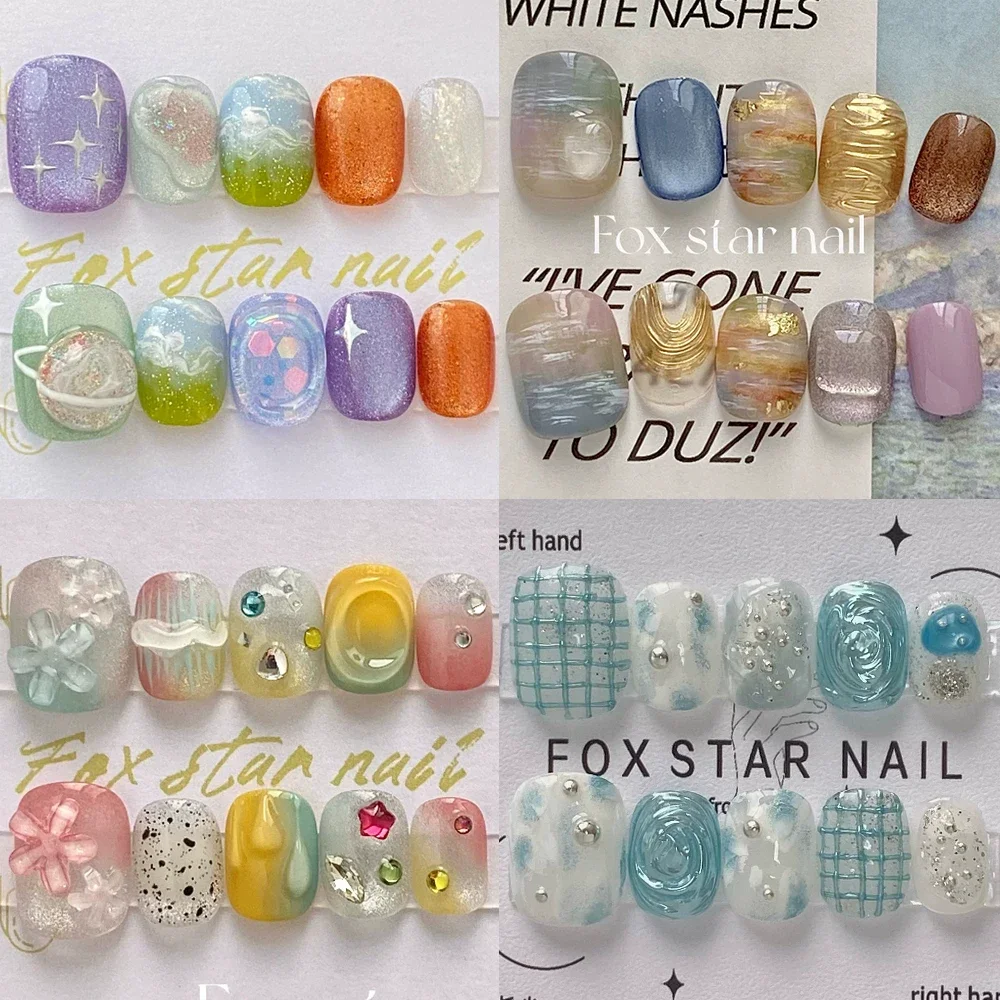 

Creative Interesting Colorful Handmade Full Cover Nail Tips Art Cute Diamond Flowers Short Square Round Wearable Fake Nails