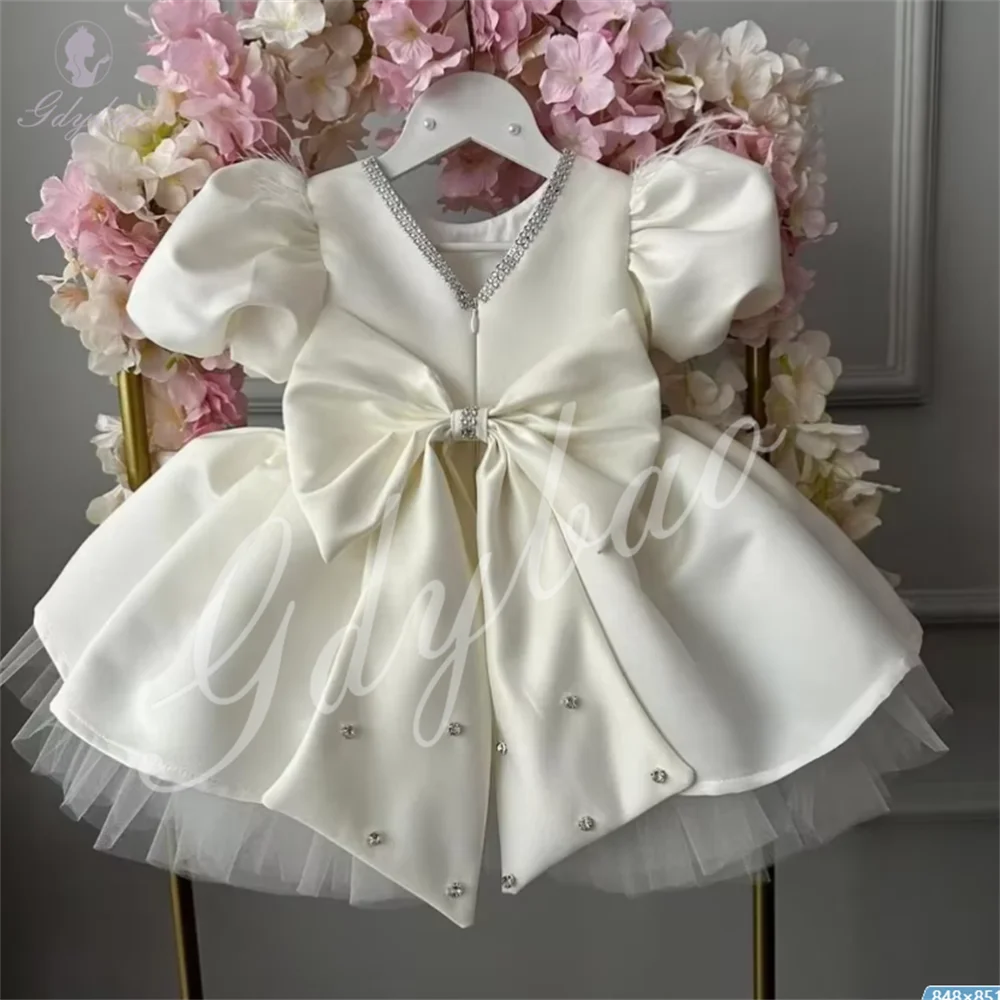 White Satin Baby Girls Festive Costumes Flower Girl Dresses  Bow First Communion Birthday Ball Party Custom Bridesmaid Outfits