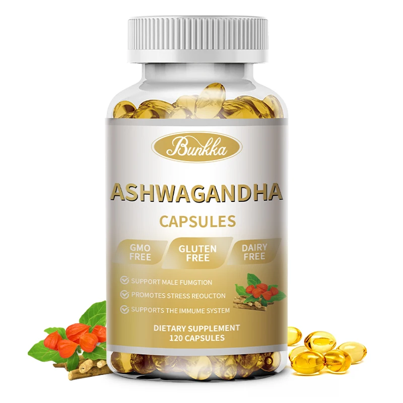 Bunkka Ashwagandha capsule integratori alimentari ad alta potenza 120 pezzi con pepe nero livelli di energia maschile e femminile qualità del sonno