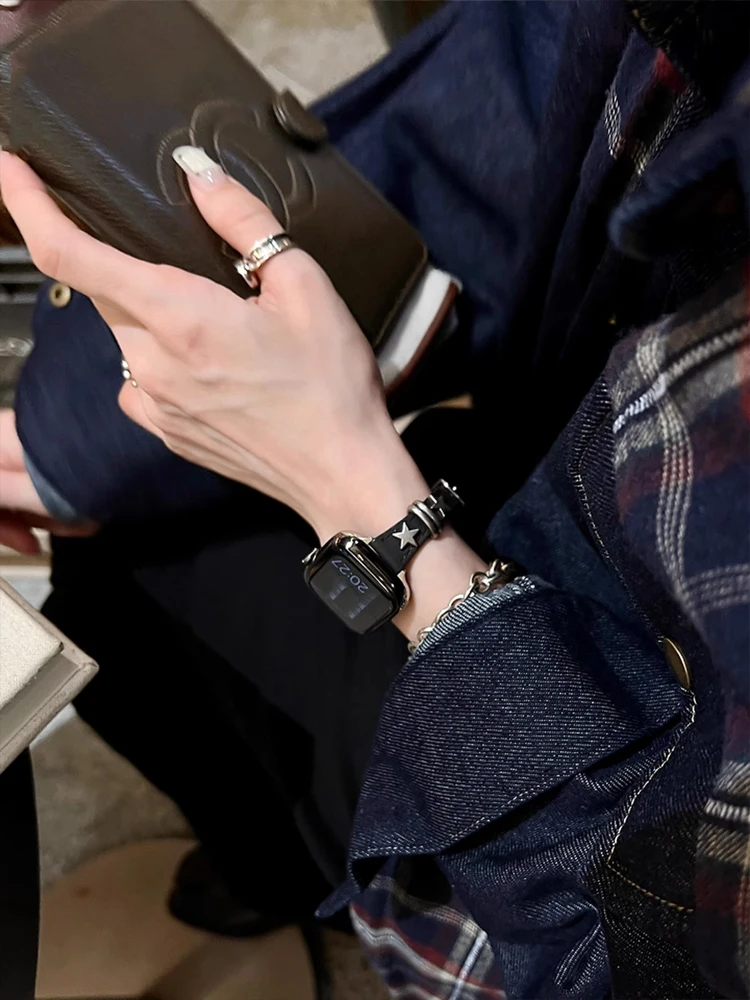 Retro Star สําหรับ Apple Watch 38 มม.40 41 มม.42 มม.45 มม.46 มม.49 มม.สร้อยข้อมือหนังสําหรับ iWatch Ultra 10 9 8 7 6 SE 5 4