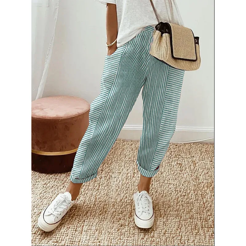 2024 Summer New Woven Jacquard Stripe Splicing Design Loose Casual Pants Women\'s Versatile Small Leg Pants Long Pants