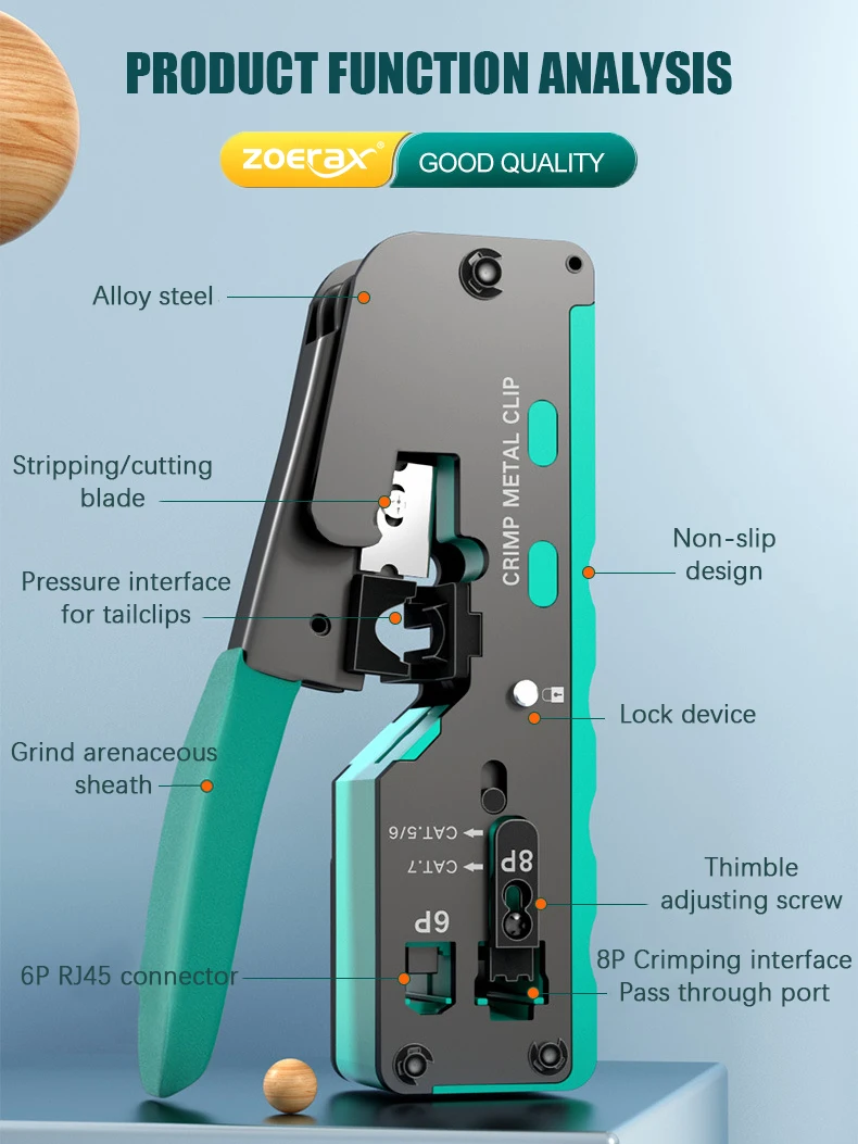 Zoerax – pince à sertir RJ45 pour connecteurs de passage, pince à sertir/dénudeur de fil/coupe-fil pour CAT5 CAT5e CAT6 CAT6A/7