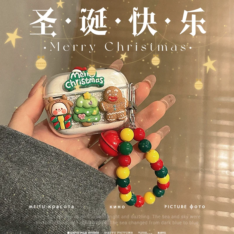 Ins Cute Cartoon Merry Christmas AirPods 1 2 3 Wireless Bluetooth Case For Apple AirPods Pro Earphone Case With Chain