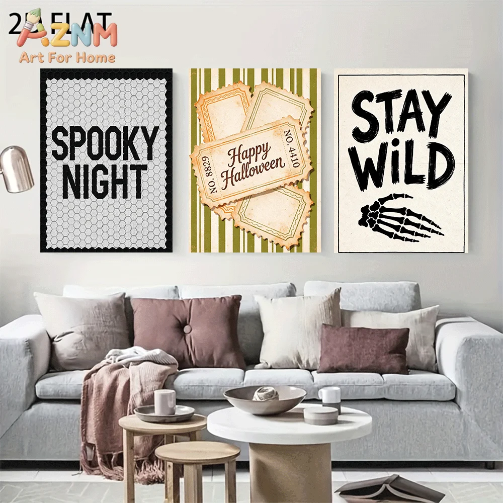 AZNM Frameless Canvas Wall Art, Retro Halloween Skeleton Hand Ticket Quote Print, Vintage Spooky Holiday Wall Decor for Living R
