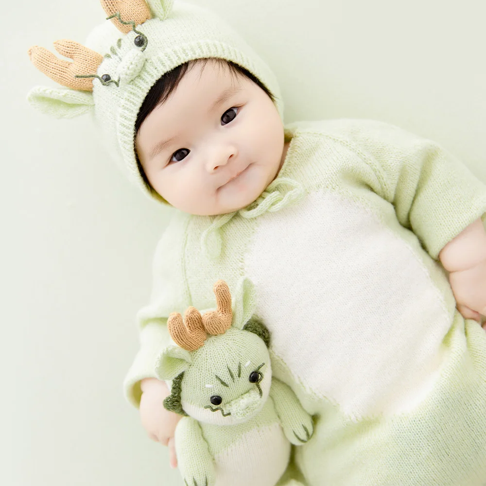 100 Days Newborn Baby Photography Outfits Green Knitted Dragon Jumpsuits With Tail Chinese Dragon Doll Studio Photography Props