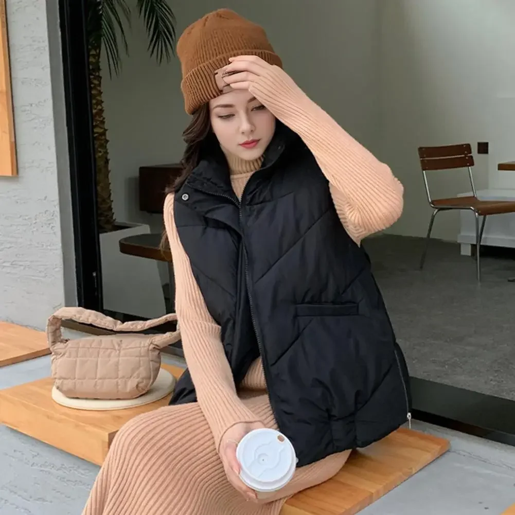 

Solid Color Short Waistcoat Women's Winter Down Vest with Stand Collar Thick Warm Waistcoat for Outdoor for Autumn for Women