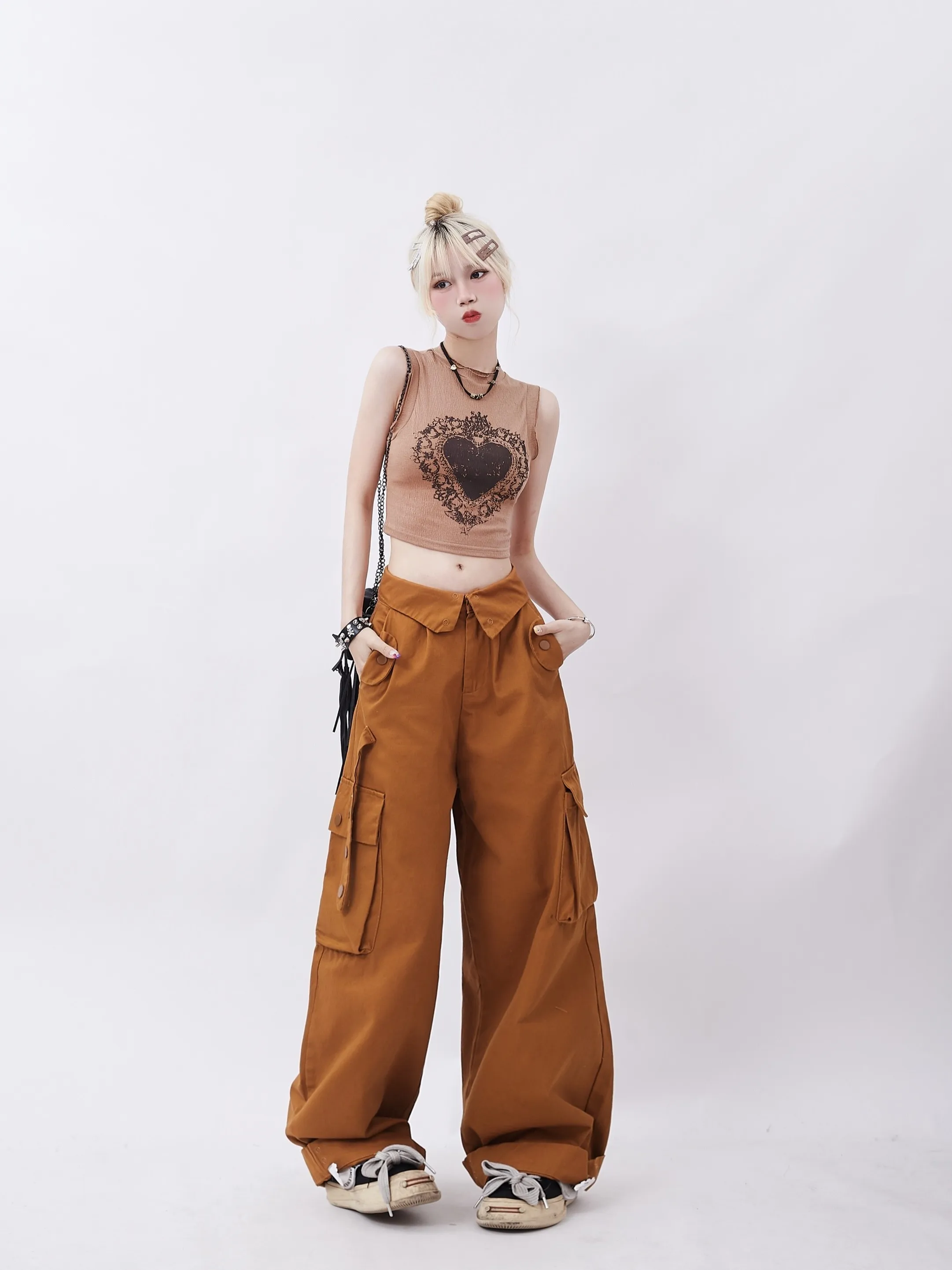 Overalls Women's Autumn Maillard Retro Street Large Pocket Design Versatile Drooping Wide-Leg Pants Trendy