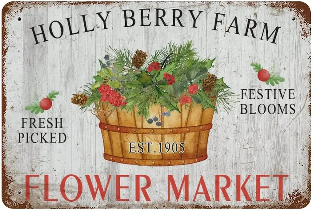 Holly Berry Farm Metal Tin Sign Vintage Farmhouse Wall Decor Rustic Fresh Flower Market Modern Kitchen Primitive Country