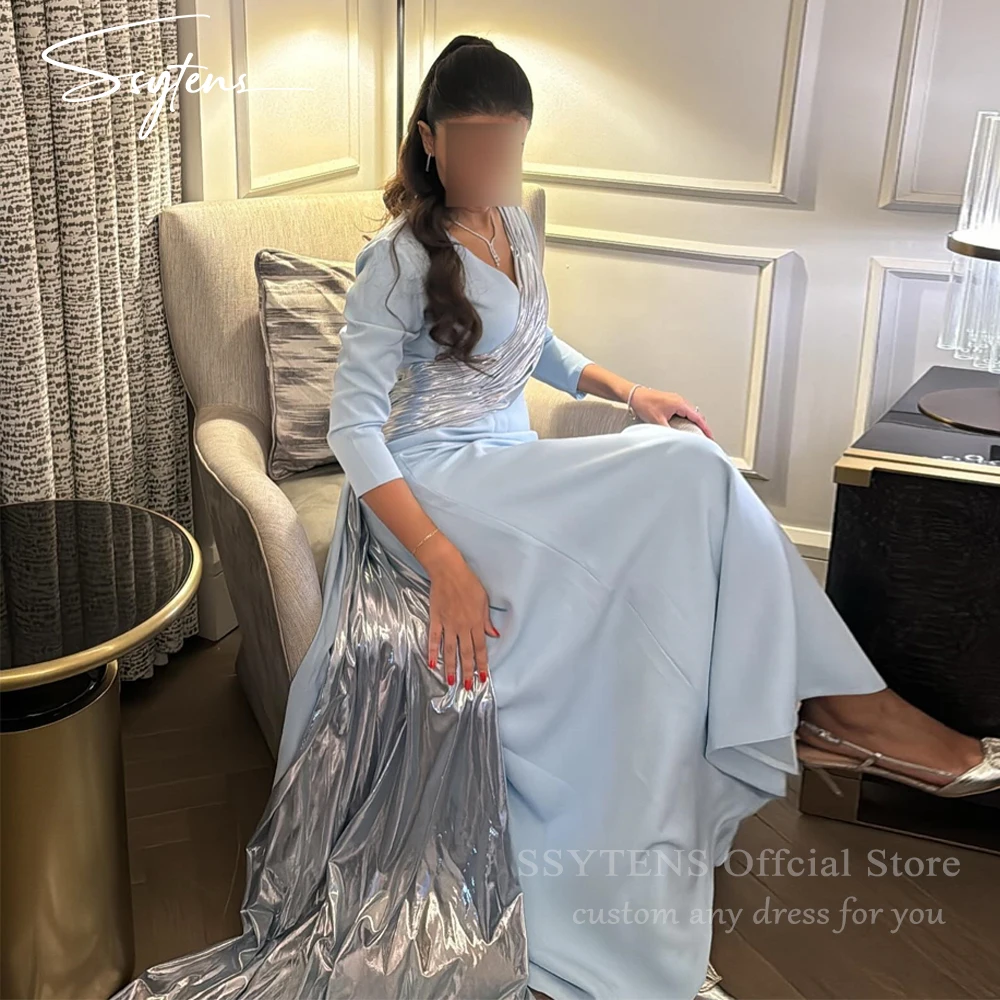 SSYTENS Sky Blue Prom Dress Formal Occasions Women Saudi Mermaid Evening Gowns Gala Long Sleeves Elegant Wedding Party Dress