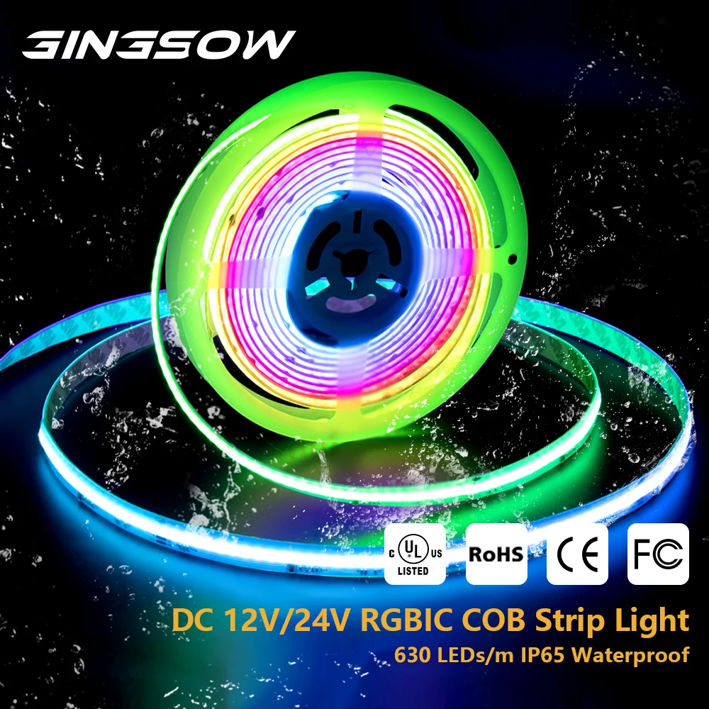 

Gingsow COB LED Strip Light DC 12V/24V 630 LEDs/M High Density Flexible Addressable 5m IP65 Waterproof Magic Colorful Room Decor