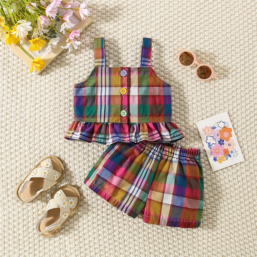 Sommer Neue Baby Mädchen Zwei-Stück Set Plaid Muster Süße Zwei-Stück Set Pastoralen Rüschen Spitze Tasten + shorts