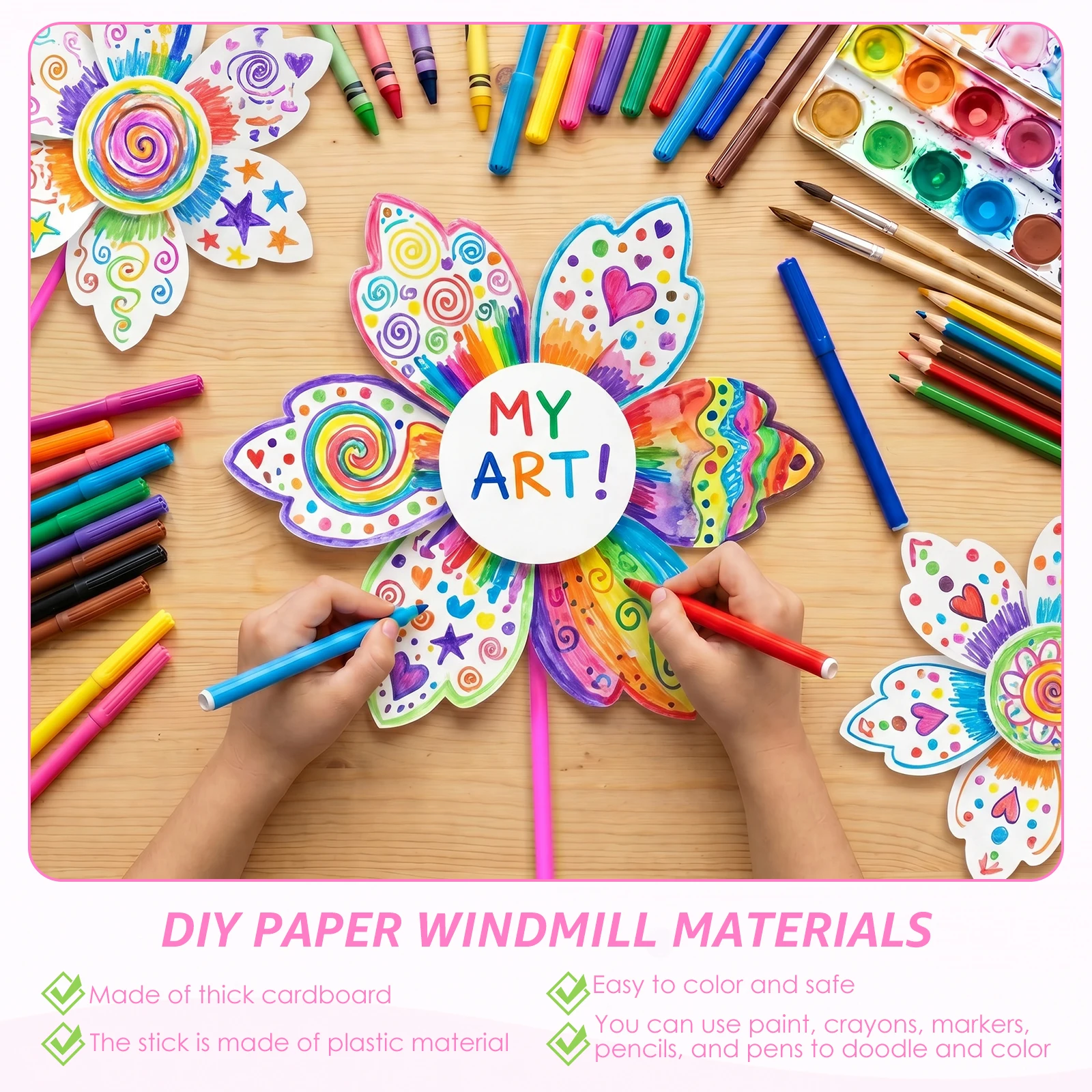 20/100Pcs DIY Pinwheels Craft White Blank Paper Pinwheel Craft Kit Color Your Own for Summer Activities School Daycare Graffiti view 4