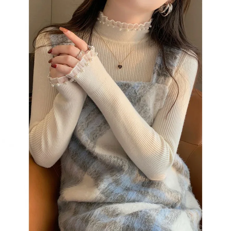 

Элегантная трикотажная кружевная базовая рубашка для женщин, осенне-зимняя, с высоким воротником, облегающая, для ранней весны, из полиэстера